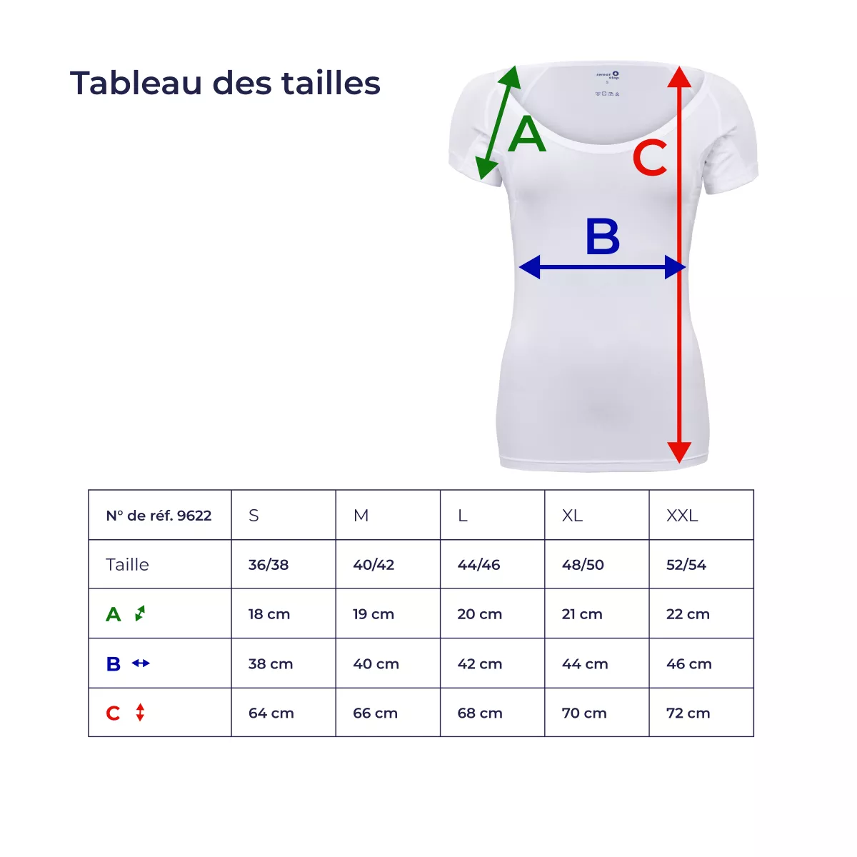 Guide des tailles SweatStop pour sous-maillot femme, article 9622, avec mesures A manche, B poitrine et C longueur du S au XXL