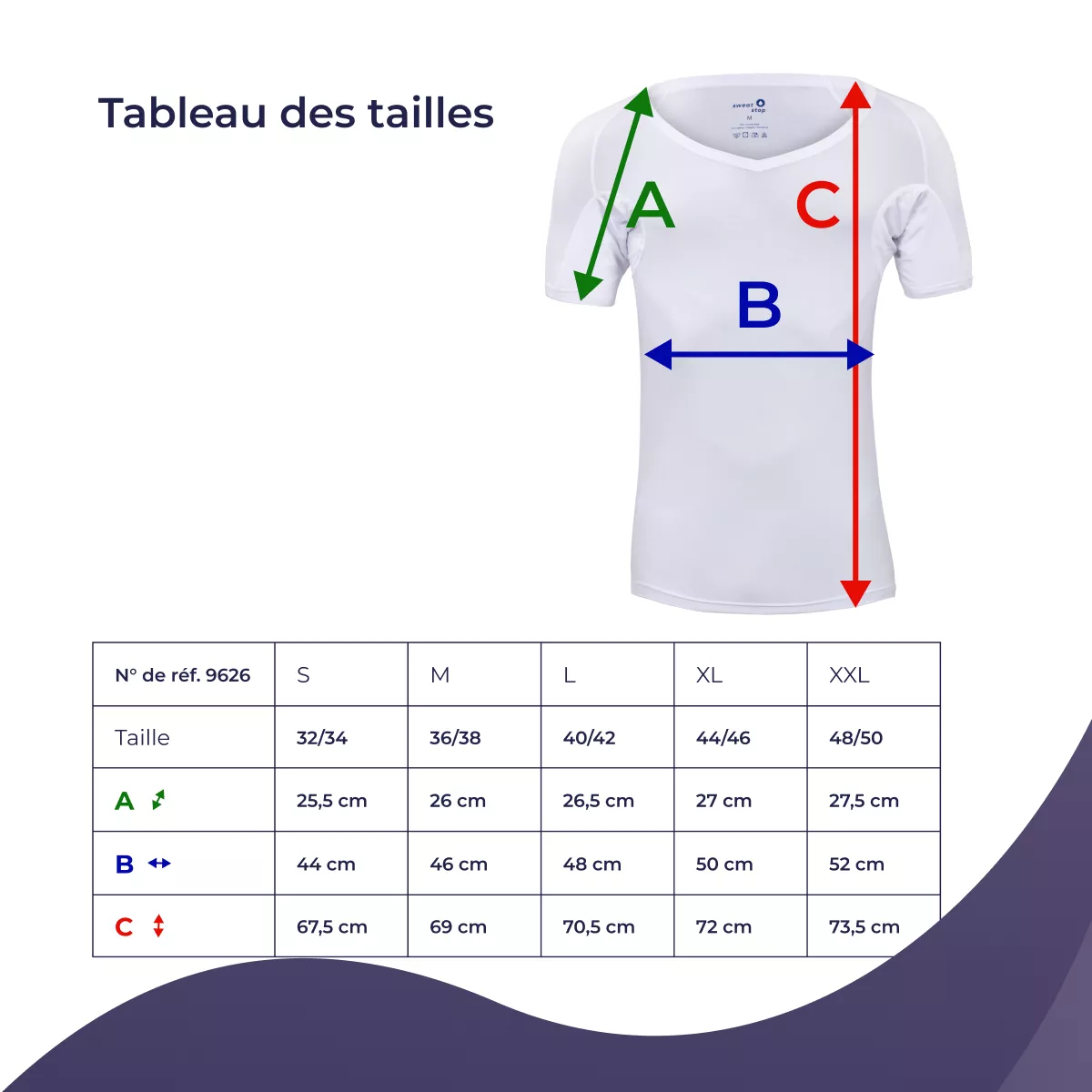 Tableau des tailles SweatStop pour maillot de corps anti-transpiration avec mesures A épaule, B largeur de poitrine et C longueur du S au XXL