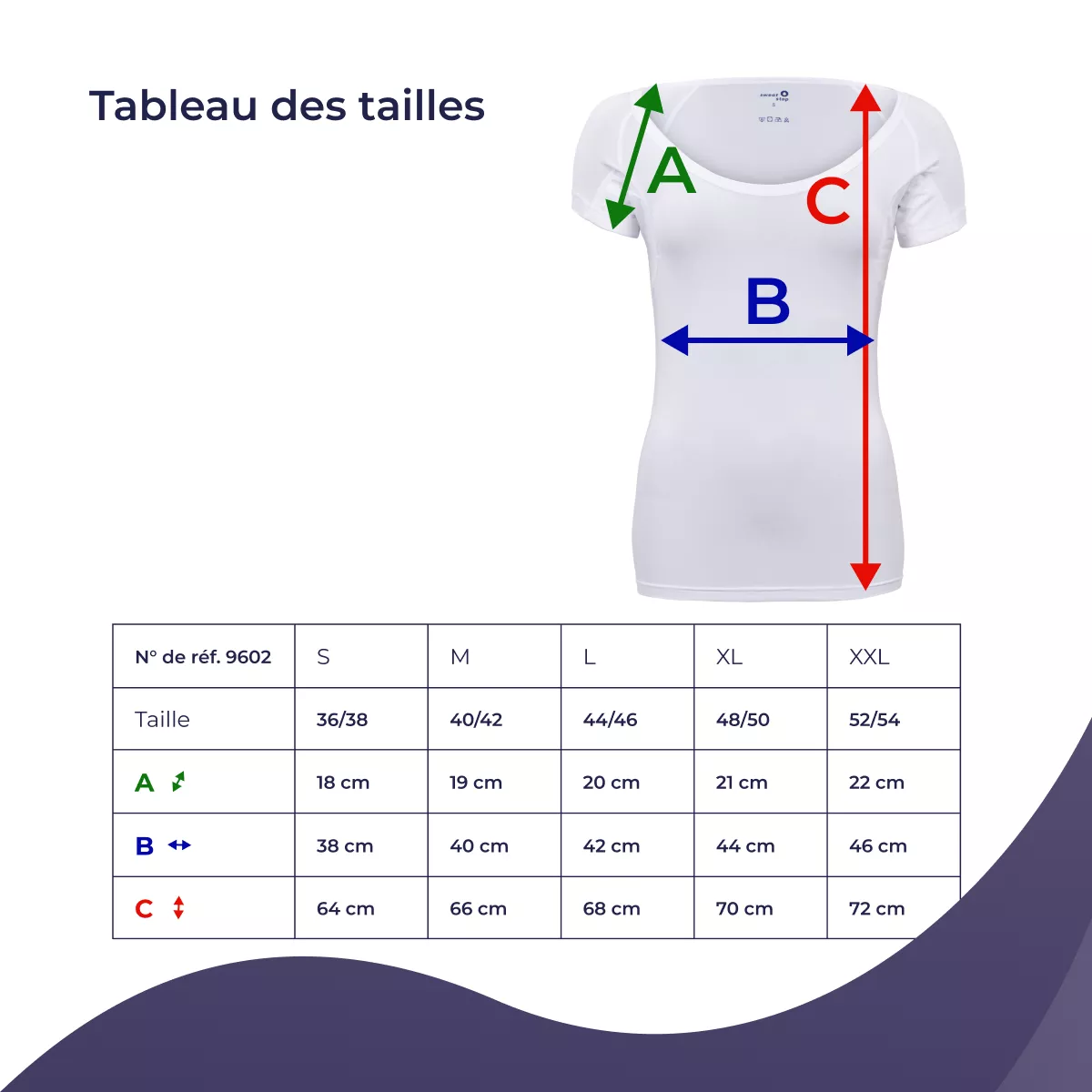 Tableau des tailles SweatStop pour sous-vêtement blanc femme avec guide de mesure du T-shirt : A épaule, B largeur de poitrine, C longueur totale